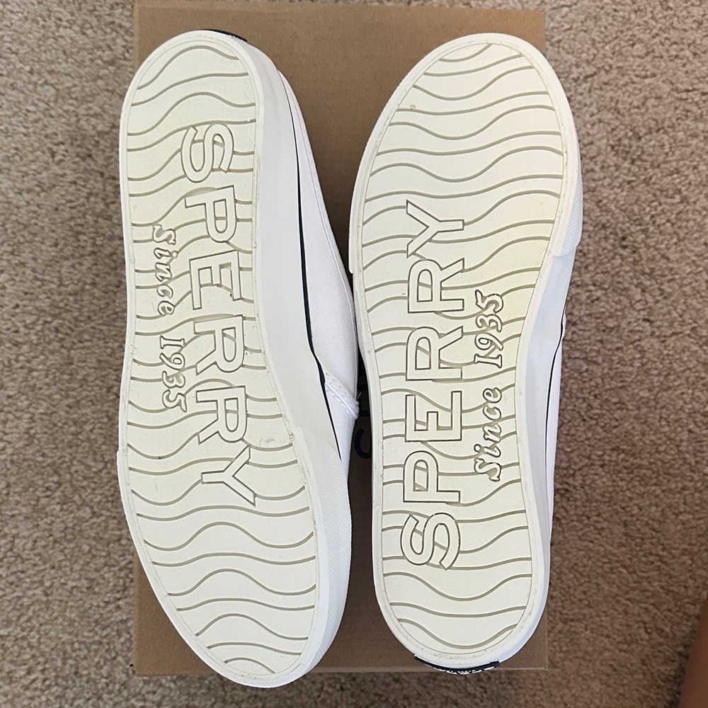 Sperry White Canvas Slip-On Sneakers with Navy Trim - Picture 3 of 3